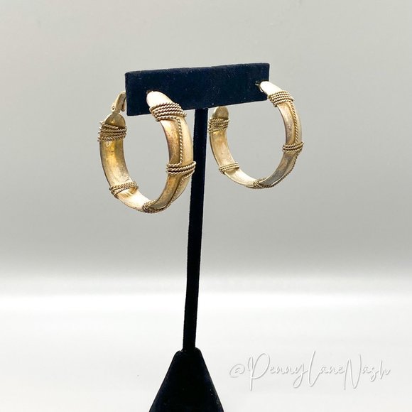 Vintage Jewelry - Vintage Wide Hoop with Rope Wrapped Gold Plated Earrings